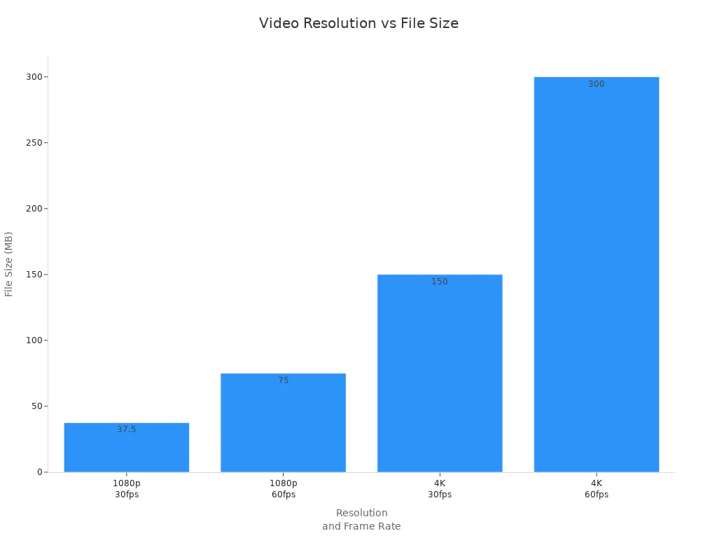 Bar chart comparing estimated file sizes for different video resolutions and frame rates.